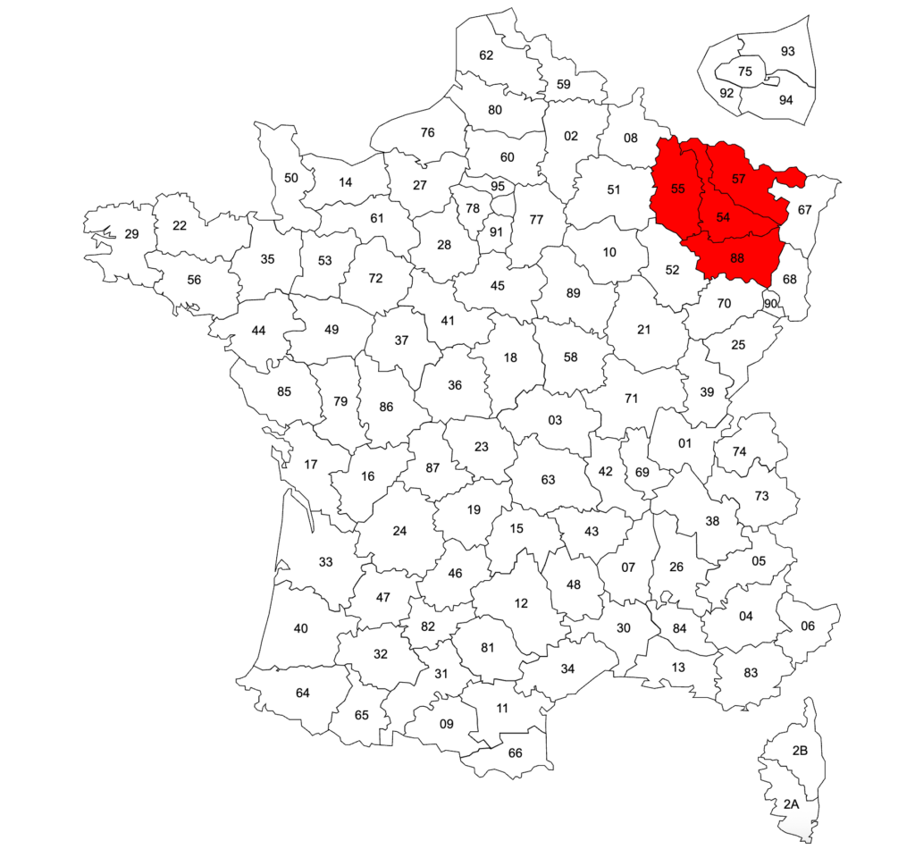 Carte administrative de France avec départements numérotés, région Grand Est en rouge incluant Moselle, Meurthe-et-Moselle.